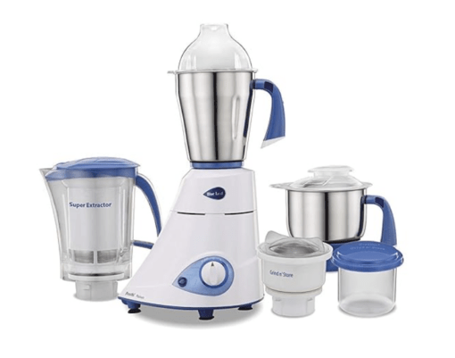 Preethi Blue Leaf Platinum MG 139 mixer grinder, 750 watt, White, 4 jars - Super Extractor juicer Jar & Storage Air-Tight Container, FBT motor with 5yr Warranty & Lifelong Free Service, Standard